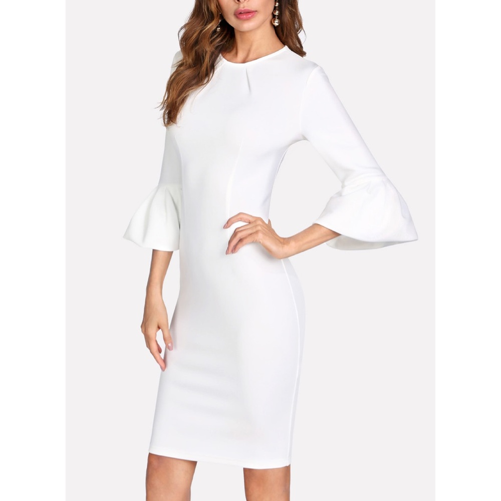 White Fitted Flounced Bell Sleeve Midi Dress